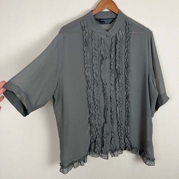 Norma Kamali Blouse Womens XXL Gray Sheer Button Down Ruffle Bib Whimsical - Picture 5 of 10